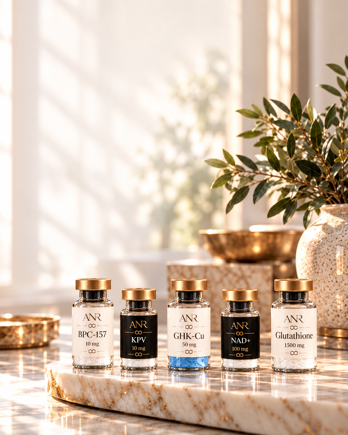 Five ANR Research vials on sunlit ivory marble: BPC-157 10 mg, KPV 10 mg, GHK-Cu 50 mg, NAD+ 100 mg, and Glutathione 1500 mg.